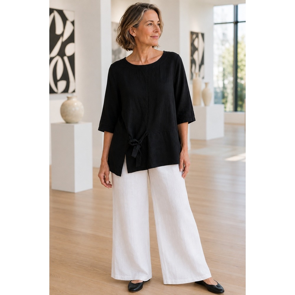 Niche Nilgun Derman Black Textured Side Tie Blouse Rayon‎ USA Made XL Minimalist